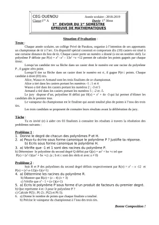 Première page de Mathématiques 1ère A1, 1ère A2 — Composition, 1er semestre (2018-2019) · ceg ouenou