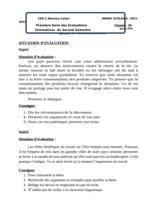 Première page de Français 3e — Devoir surveillé, 2e semestre (2021-2022) · CEG2 ABOMEY - CALAVI (CEG ZOCA)