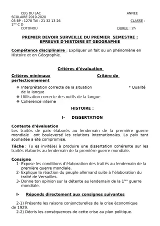 Première page de Histoire-Géographie 1ère C, 1ère D — 1er devoir surveillé, 1er semestre (2019-2020) · CEG du Lac