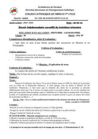 Première page de Histoire-Géographie 4e — 2e devoir surveillé, 3e trimestre (2021-2022) · Hibiscus 1er cycle