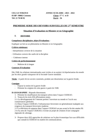 Première page de Histoire-Géographie 1ère C, 1ère D — 1er devoir surveillé, 2e semestre (2021-2022) · CEG LE NOKOUE