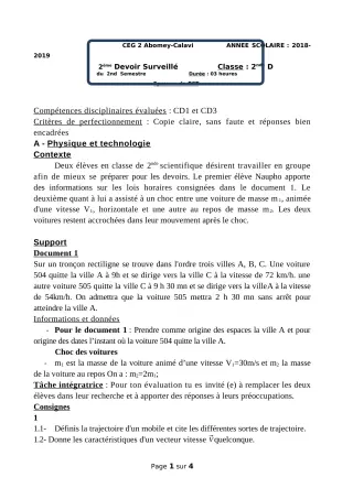 Première page de PCT 2nde C, 2nde D — 2e devoir surveillé, 2e semestre (2018-2019) · CEG2 ABOMEY - CALAVI (CEG ZOCA)