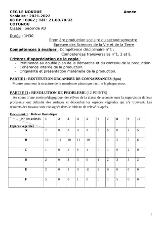 Première page de SVT 2nde A1, 2nde A2, 2nde B — 1re production scolaire, 2e semestre (2021-2022) · CEG LE NOKOUE