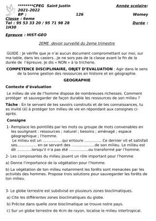 Première page de Histoire-Géographie 6e, 2nde A2, 2nde B, 2nde C, 2nde D — 2e devoir surveillé, 2e trimestre (2021-2022) · CPEG SAINT Justin