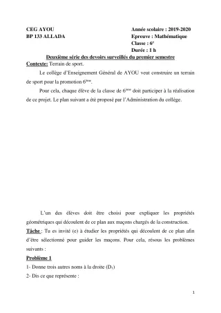 Première page de Mathématiques 6e — 2e devoir surveillé, 1er semestre (2019-2020) · CEG AYOU