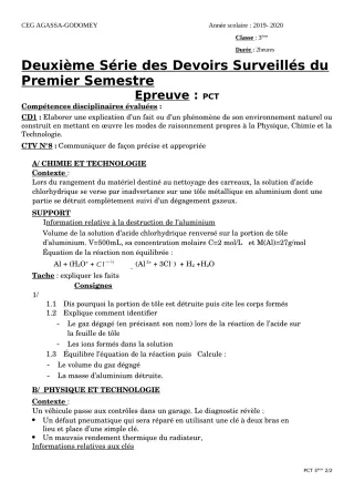 Première page de PCT 3e, 3e ML — 2e devoir surveillé, 1er semestre (2019-2020) · CEG Agassa Godomey