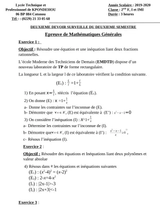 Première page de Mathématiques 2nde BTP, 2nde EL, 2nde F1, 2nde F2, 2nde F3, 2nde F4, 2nde FC, 2nde FM, 2nde IMI, 2nde MA, 2nde OG — 2e devoir surveillé, 2e semestre (2019-2020) · LT Professionnel de Kpondéhou