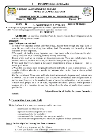 Première page de Anglais 3e — 2e devoir surveillé, 1er semestre (2023-2024) · CEG SEKERE