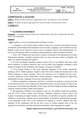 Première page de Anglais Tle A2 — 1er devoir surveillé, 2e semestre (2020-2021) · CEG Grand-Popo