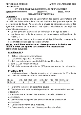 Première page de Mathématiques 1ère A2 — 2e devoir surveillé (2018-2019) · CEG 2 KANDI