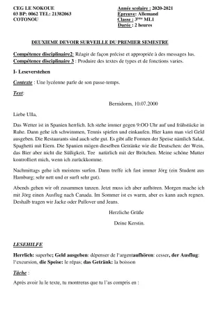Première page de Allemand 3e, 3e ML — 2e devoir surveillé, 1er semestre (2020-2021) · CEG LE NOKOUE