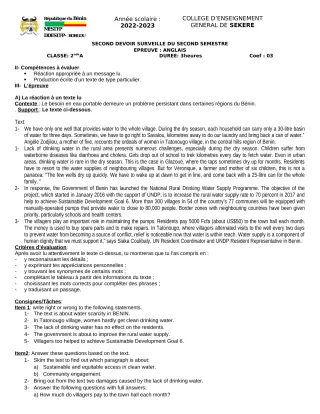 Première page de Anglais 2nde A2 — 2e devoir surveillé, 2e semestre (2022-2023) · CEG SEKERE
