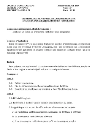 Première page de Histoire-Géographie 5e — 2e devoir surveillé, 1er semestre (2019-2020) · CEG L'Entente