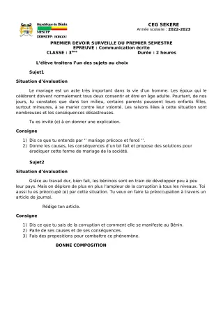 Première page de Français 3e — 1er devoir surveillé, 1er semestre (2022-2023) · CEG SEKERE