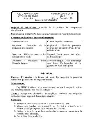 Première page de Philosophie 2nde A & B — 2e devoir surveillé, 2e semestre (2022-2023) · CEG2 ABOMEY - CALAVI (CEG ZOCA)
