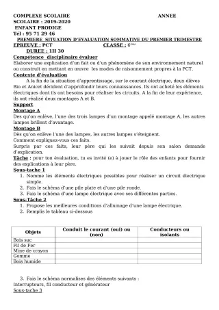 Première page de PCT 6e — Évaluation sommative, 1er trimestre (2019-2020) · CPEG ENFANT PRODIGE