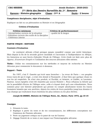 Première page de Histoire-Géographie 2nde A2 — 1er devoir surveillé, 1er semestre (2020-2021) · CEG SEKERE