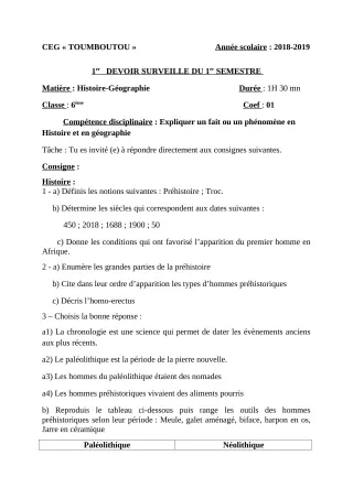 Première page de Histoire-Géographie 6e — 1er devoir surveillé, 1er semestre (2018-2019) · CEG TOUMBOUTOU