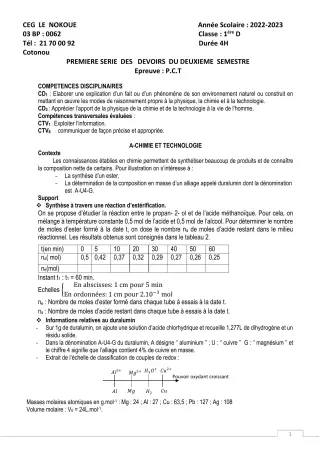 Première page de PCT 1ère D — Composition, 2e semestre (2022-2023) · CEG LE NOKOUE