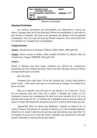 Première page de Français 2nde B — 1re évaluation sommative, 1er semestre (2023-2024) · CEG2 ABOMEY - CALAVI (CEG ZOCA)