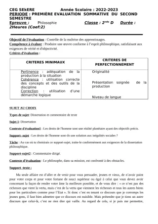 Première page de Philosophie 2nde D — 1re évaluation sommative, 2e semestre (2022-2023) · CEG SEKERE