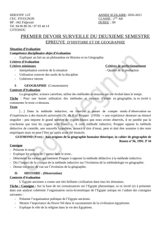 Première page de Histoire-Géographie 2nde A2, 2nde B — 1er devoir surveillé, 2e semestre (2020-2021) · CEG FIYEGNON