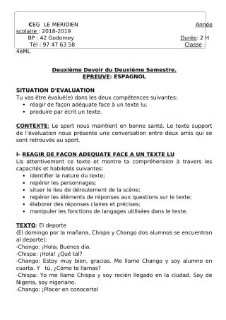 Première page de Espagnol 4e ML — 2e devoir surveillé, 2e semestre (2018-2019) · CEG Le Méridien
