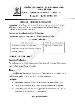 Première page de Histoire-Géographie 1ère C, 1ère D — Composition (2020-2021) · CPEG Roger LAFIA