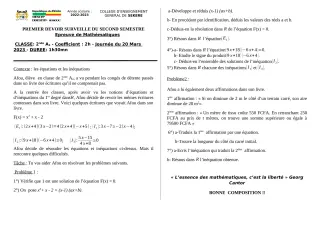 Première page de Mathématiques 2nde A2 — 1er devoir surveillé, 2e semestre (2022-2023) · CEG SEKERE