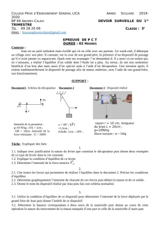 Première page de PCT 3e — Devoir surveillé, 1er trimestre (2019-2020) · CPEG LICA