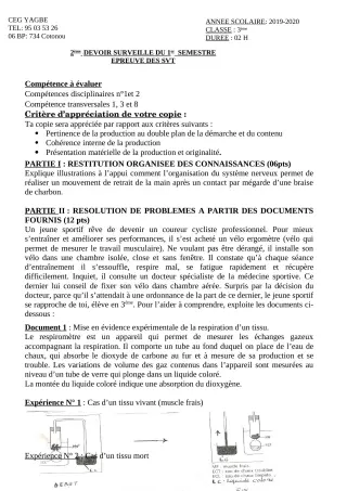 Première page de SVT 3e, 3e ML — 2e devoir surveillé, 1er semestre (2019-2020) · CEG Yagbe