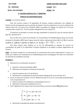 Première page de Mathématiques Tle C — 1er devoir surveillé, 1er semestre (2023-2024) · CEG Yagbe