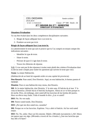 Première page de Espagnol 3e ML — 2e devoir surveillé, 2e semestre (2018-2019) · CEG OKEDAMA