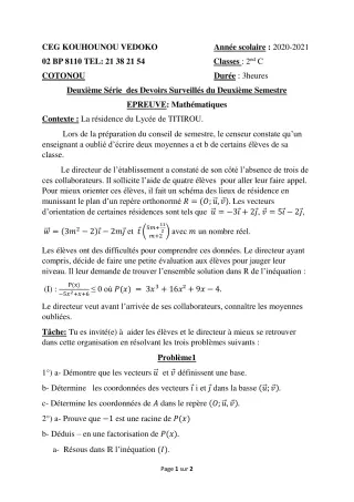 Première page de Mathématiques 2nde C — 2e devoir surveillé, 2e semestre (2020-2021) · CEG Kouhounou-Vêdoko