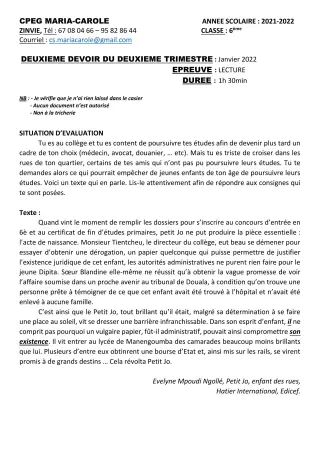 Première page de Français 6e — 2e devoir surveillé, 2e trimestre (2021-2022) · CPEG MARIA-CAROLE