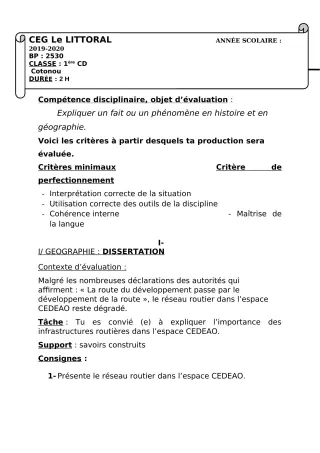 Première page de Histoire-Géographie 1ère C, 1ère D — 2e devoir surveillé, 1er semestre (2019-2020) · CEG Le Littoral