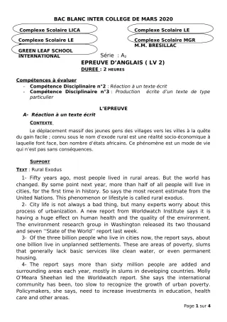 Première page de Examen Blanc de ANGLAIS — Tle A2 — CPEG LICA (2019)