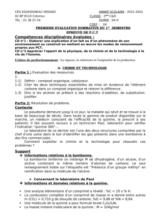 Première page de PCT 1ère C, 1ère D — 1re évaluation sommative, 1er semestre (2021-2022) · CEG Kouhounou-Vêdoko