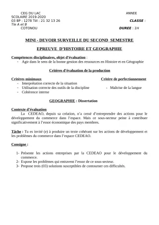 Première page de Histoire-Géographie Tle B — Devoir surveillé, 2e semestre (2019-2020) · CEG du Lac