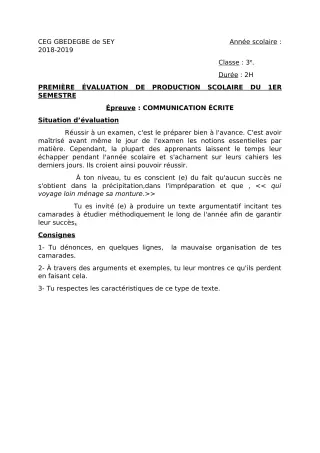 Première page de Français 3e, 3e ML — 1re production scolaire (2018-2019) · CEG GBEDEGBE de SEY