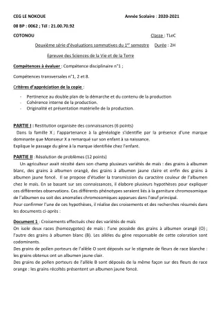 Première page de SVT Tle C — Évaluation sommative, 1er semestre (2020-2021) · CEG LE NOKOUE