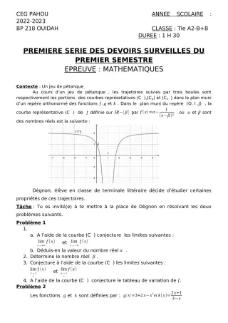 Première page de Mathématiques Tle A2, Tle B — 1er devoir surveillé, 1er semestre (2022-2023) · CEG PAHOU