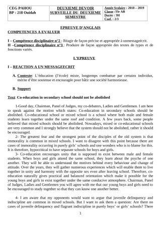 Première page de Anglais Tle A1, Tle A2, Tle B — 2e devoir surveillé (2018-2019) · CEG PAHOU