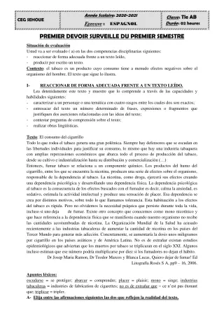 Première page de Espagnol Tle A2 — 1er devoir surveillé, 1er semestre (2021-2022) · CEG SEKERE