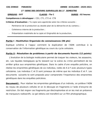 Première page de SVT Tle C — 1er devoir surveillé, 1er semestre (2020-2021) · CEG ZONGO
