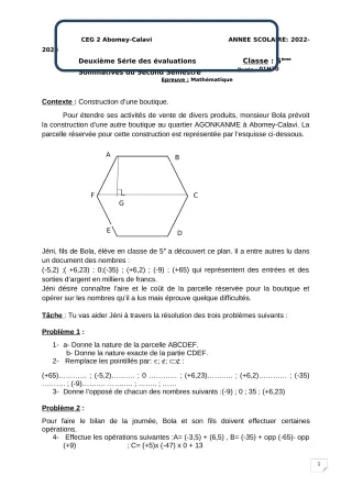 Première page de Mathématiques 5e — 2e évaluation sommative, 2e semestre (2022-2023) · CEG2 ABOMEY - CALAVI (CEG ZOCA)