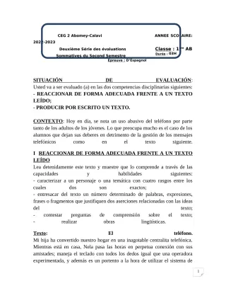 Première page de Espagnol 1ère A & B — 2e évaluation sommative, 2e semestre (2022-2023) · CEG2 ABOMEY - CALAVI (CEG ZOCA)