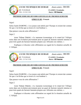 Première page de Français Tle BTP, Tle DPB, Tle EL, Tle F1, Tle F2, Tle F3, Tle F4, Tle G1, Tle G2, Tle G3, Tle OG — 1er devoir surveillé, 1er semestre (2019-2020) · LT Ouidah