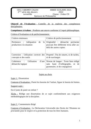 Première page de Philosophie 2nde C — 2e devoir surveillé, 2e semestre (2021-2022) · CEG2 ABOMEY - CALAVI (CEG ZOCA)