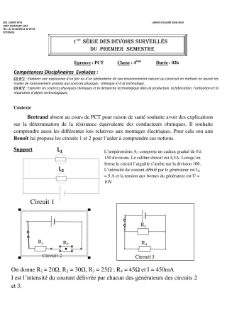 Première page de PCT 4e ML&MC — 1er devoir surveillé, 1er semestre (2018-2019) · CEG Sainte Rita